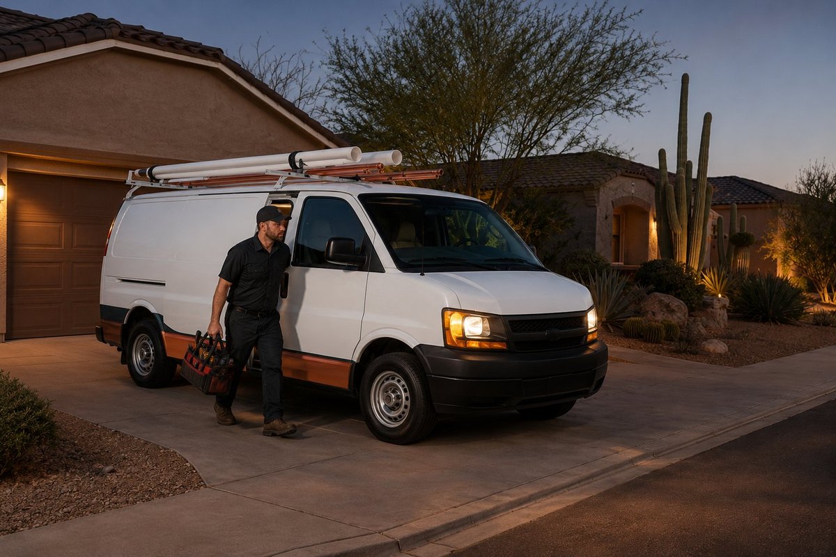 Plumber Phoenix Pros emergency van outside a Phoenix home at night