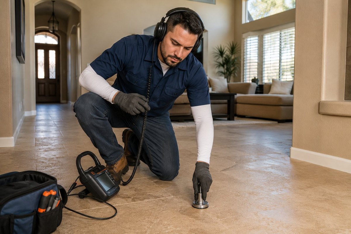 Plumber using acoustic equipment to locate a slab leak in a Phoenix home