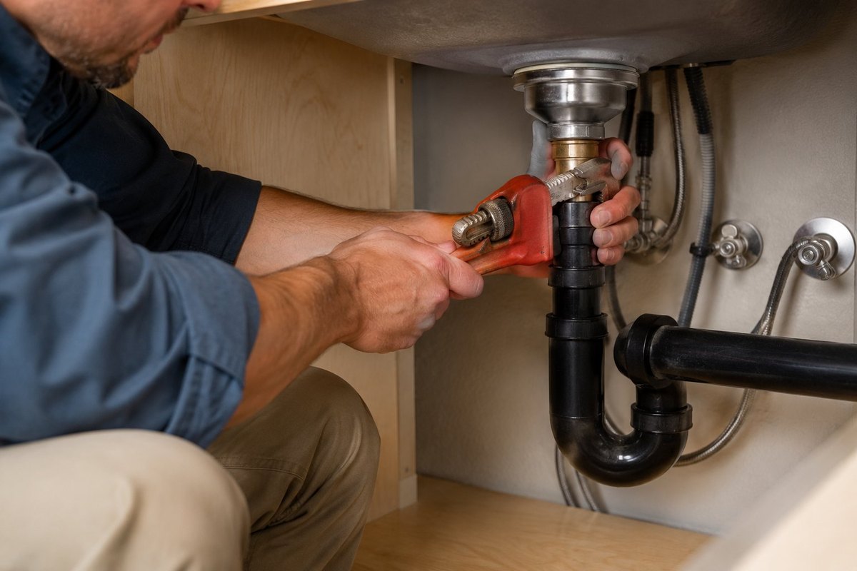 Licensed plumber tightening a fitting under a sink during a repair in Phoenix