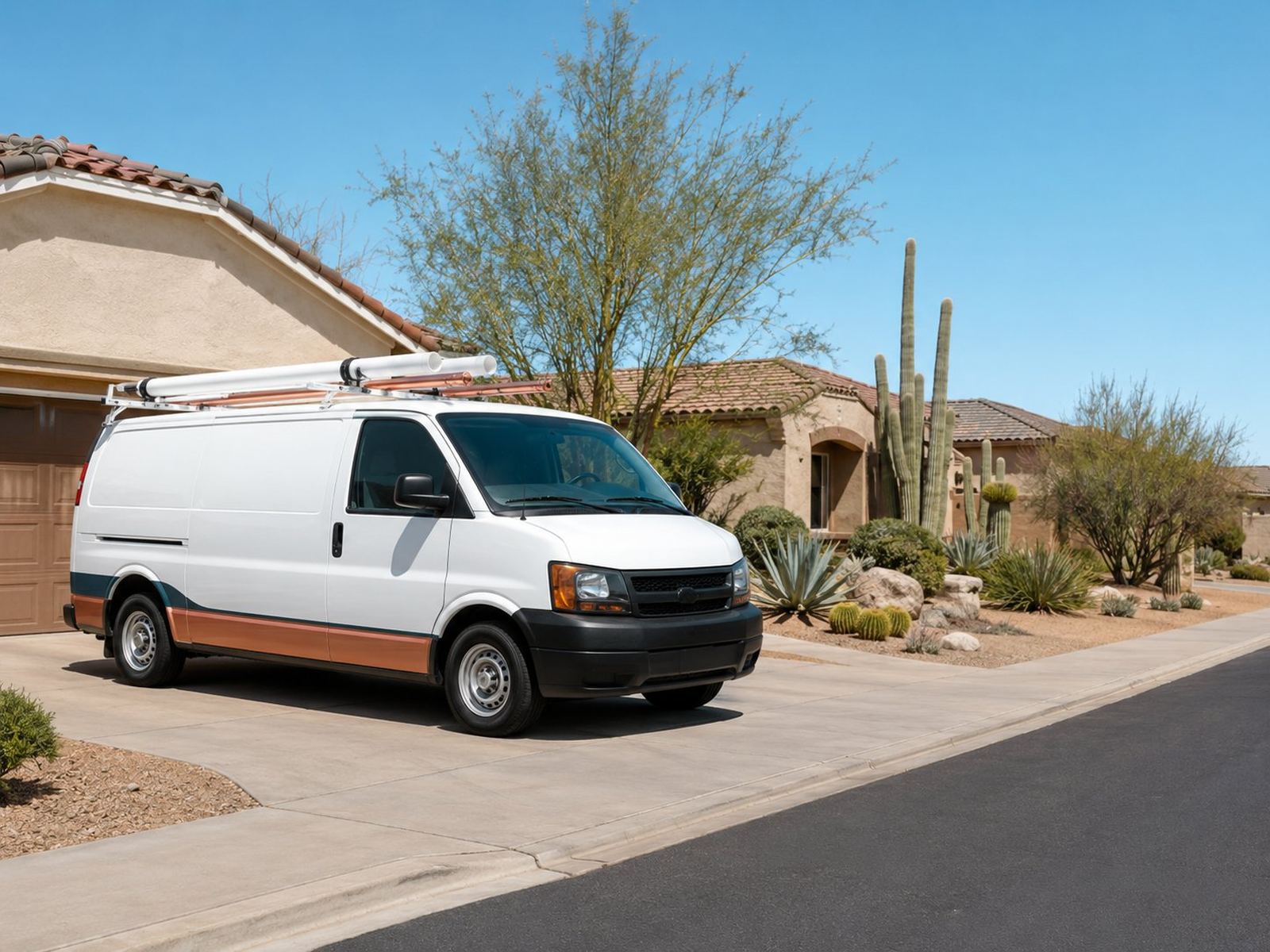 Plumber Phoenix Pros branded service van parked outside a Phoenix home