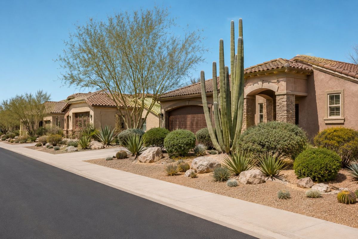 Scottsdale Arizona neighborhood with Camelback Mountain in the distance