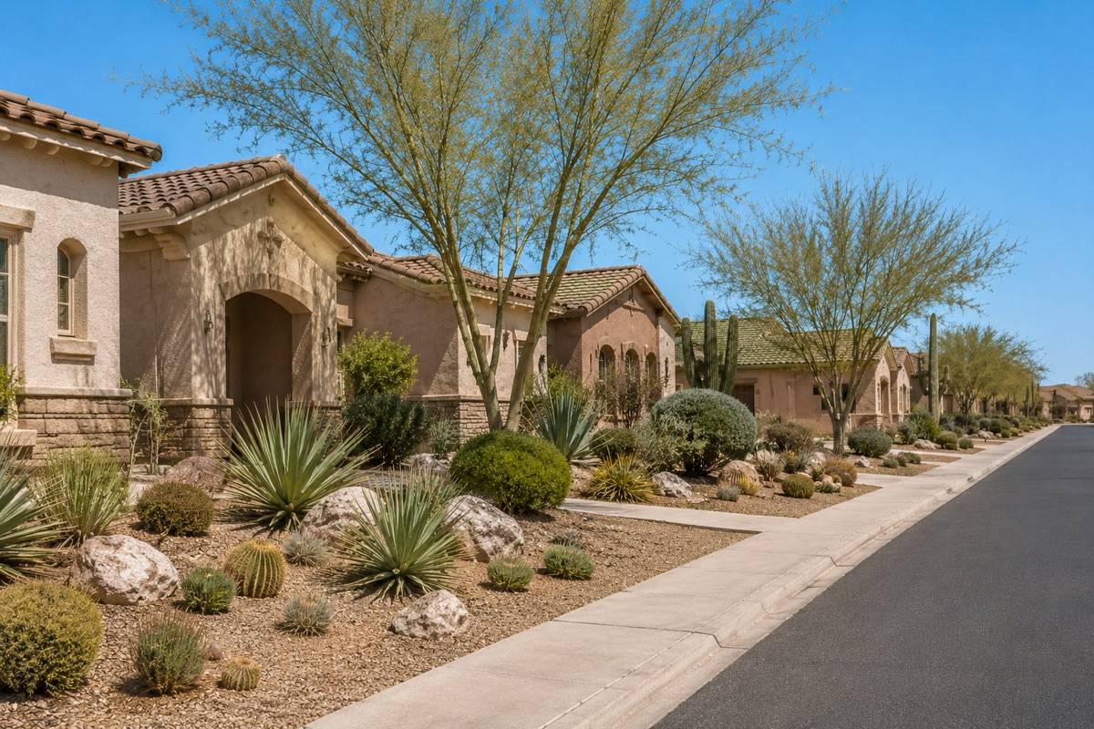 Desert suburban street of homes with mountain backdrop in Surprise, Arizona