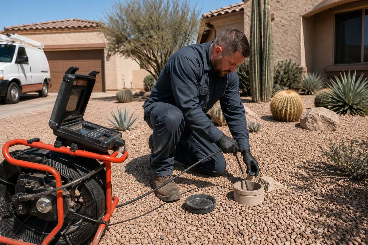 Plumber feeding a sewer camera into a clean-out at a Phoenix property
