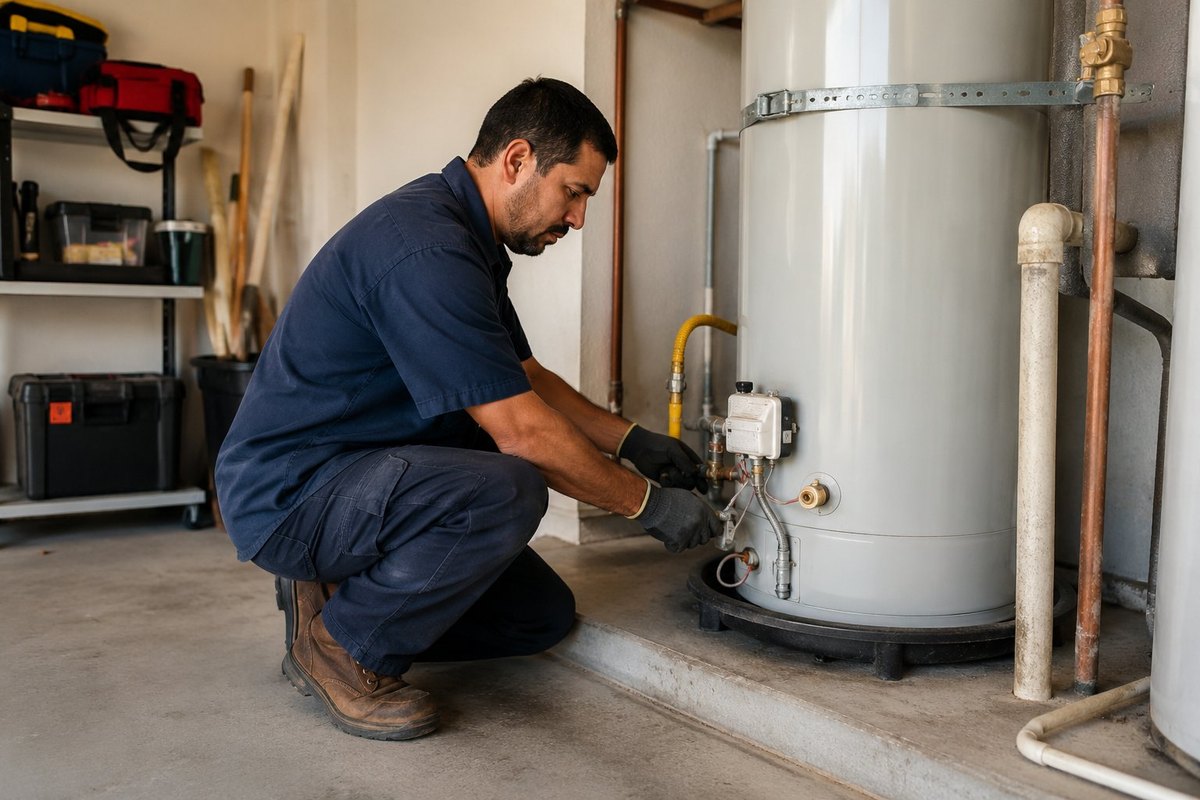 Plumber servicing a residential water heater in a Phoenix garage